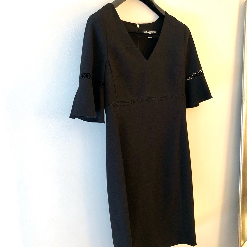 Karl Lagerfeld Black V-Neck Dress with Eyelet Flutter Sleeves